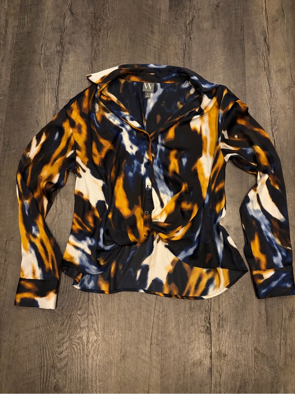 Worthington Abstract Print Button-Down Shirt in Mustard, Navy & Cream